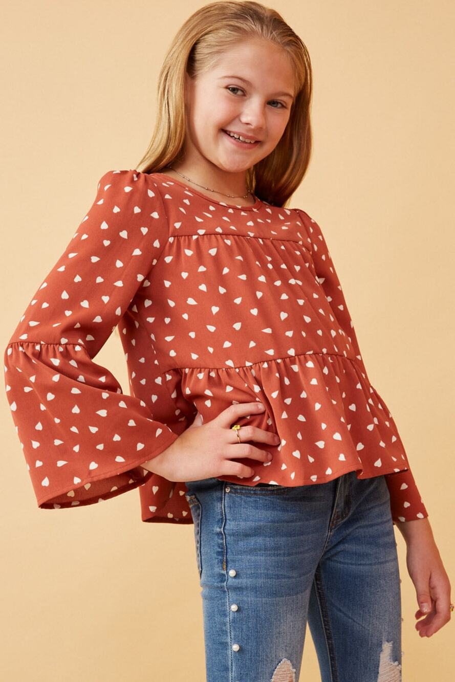 HAYDEN Sydney Rose Tiered Puff Shoulder Top with Hearts and Bell Sleeves Small